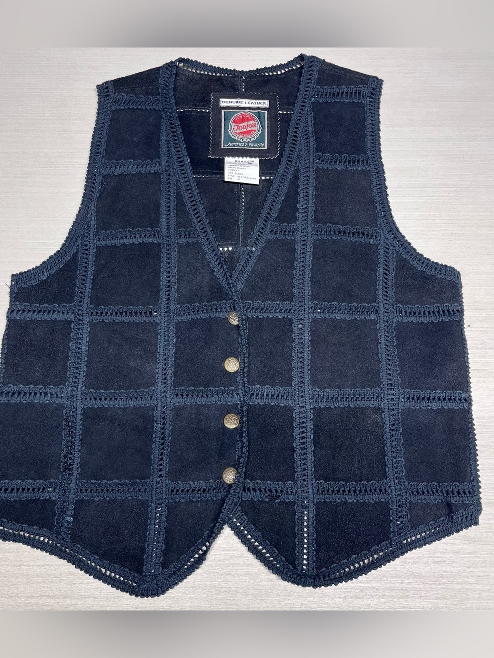 Vintage 90’s Western Joujou Genuine Suede Leather Crochet Patchwork Vest med